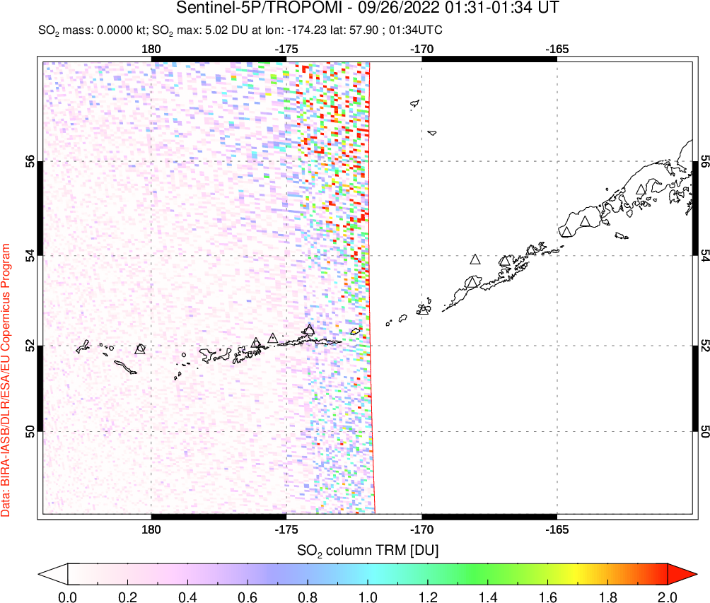 A sulfur dioxide image over Aleutian Islands, Alaska, USA on Sep 26, 2022.