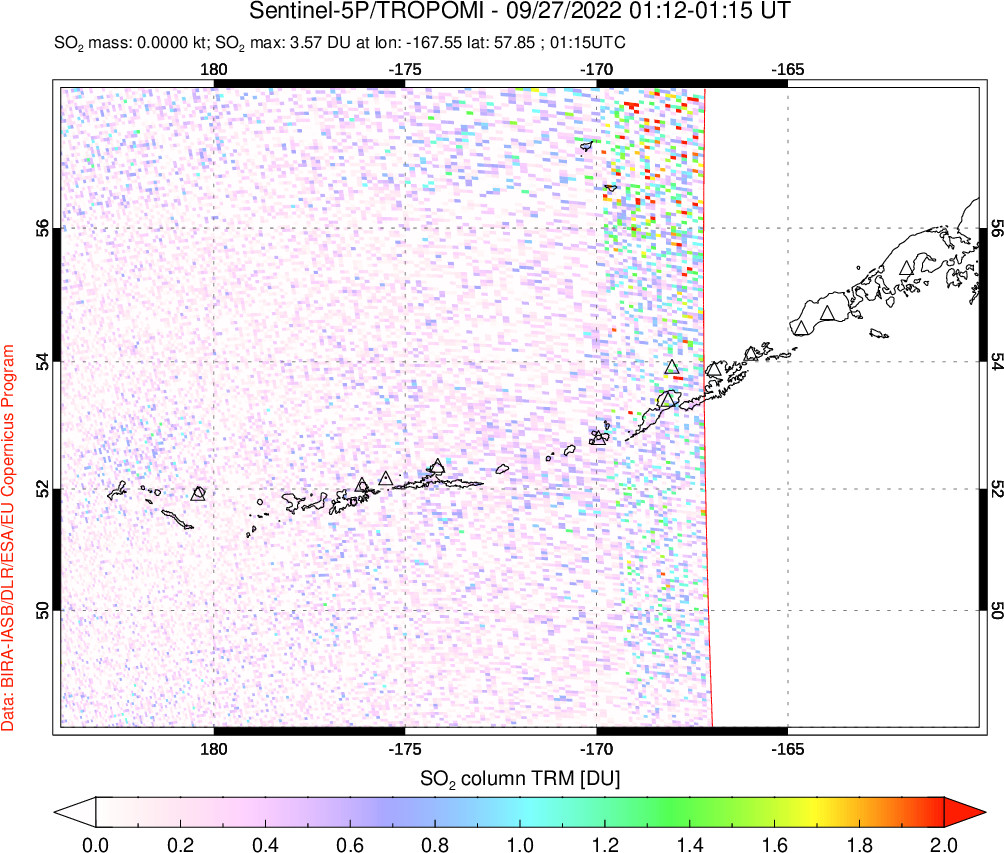 A sulfur dioxide image over Aleutian Islands, Alaska, USA on Sep 27, 2022.