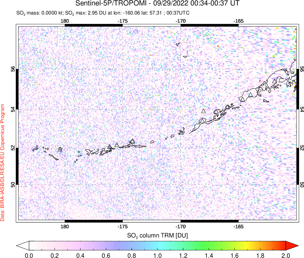 A sulfur dioxide image over Aleutian Islands, Alaska, USA on Sep 29, 2022.