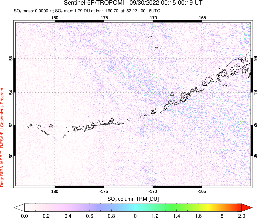 A sulfur dioxide image over Aleutian Islands, Alaska, USA on Sep 30, 2022.