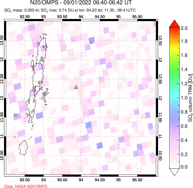 A sulfur dioxide image over Andaman Islands, Indian Ocean on Sep 01, 2022.