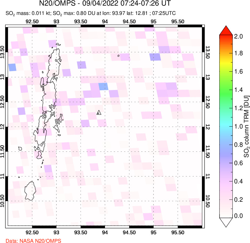 A sulfur dioxide image over Andaman Islands, Indian Ocean on Sep 04, 2022.