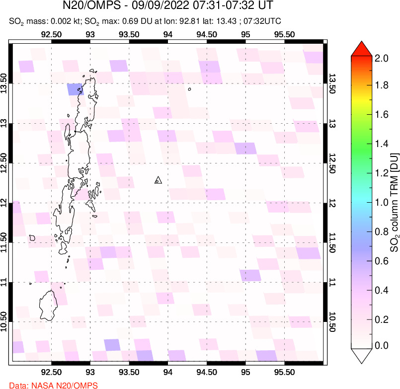 A sulfur dioxide image over Andaman Islands, Indian Ocean on Sep 09, 2022.