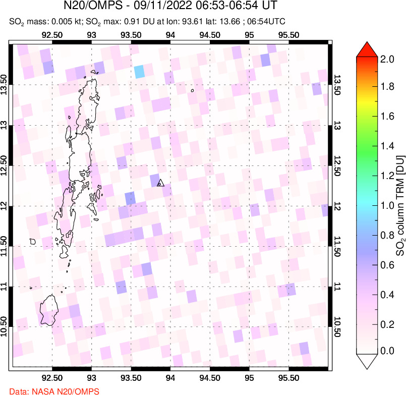 A sulfur dioxide image over Andaman Islands, Indian Ocean on Sep 11, 2022.