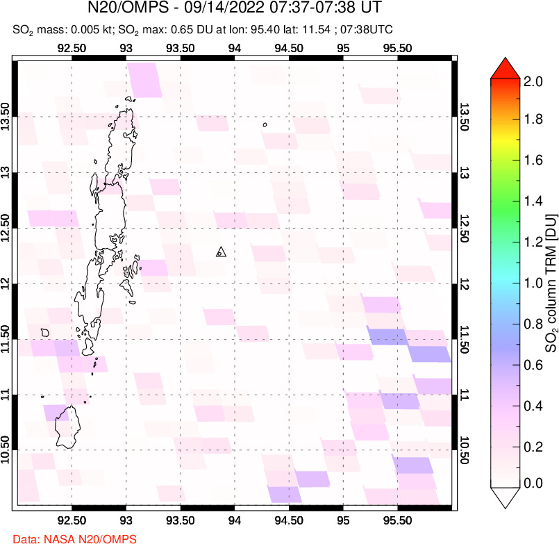 A sulfur dioxide image over Andaman Islands, Indian Ocean on Sep 14, 2022.