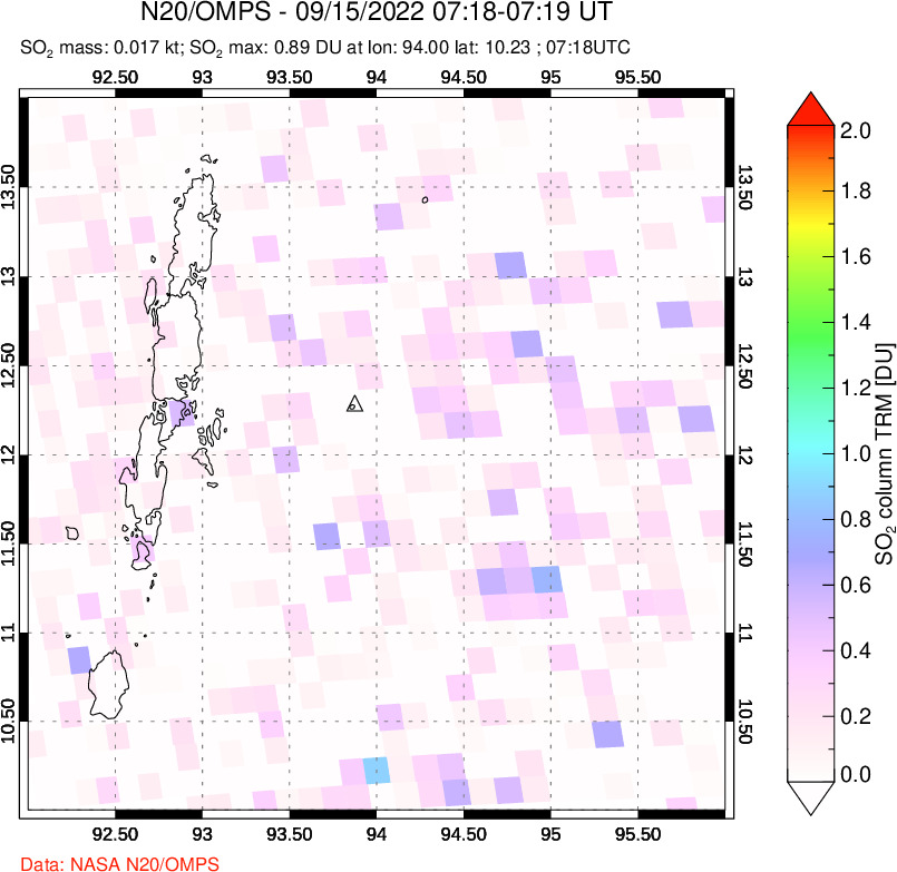 A sulfur dioxide image over Andaman Islands, Indian Ocean on Sep 15, 2022.