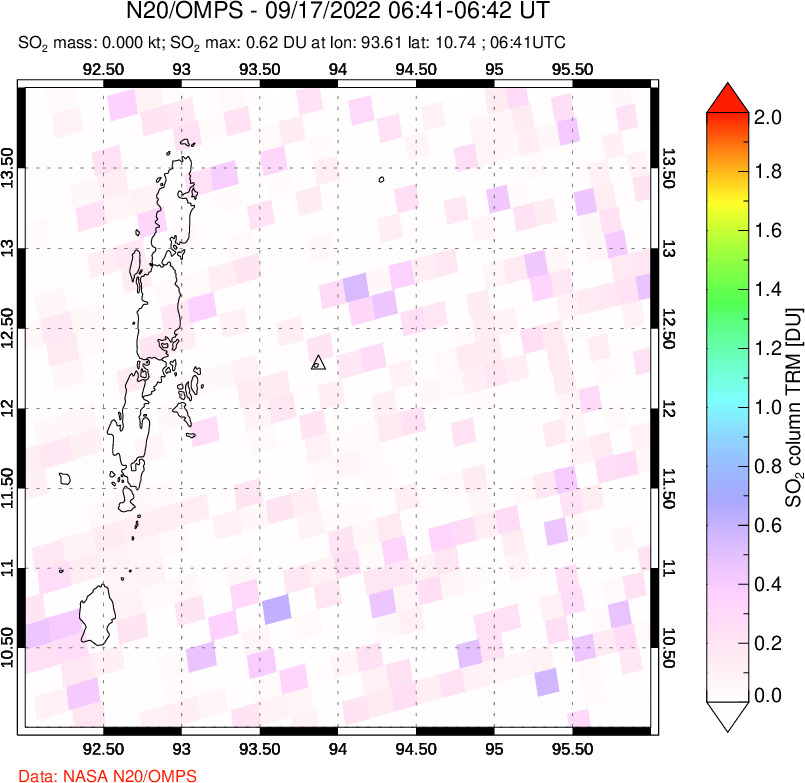 A sulfur dioxide image over Andaman Islands, Indian Ocean on Sep 17, 2022.