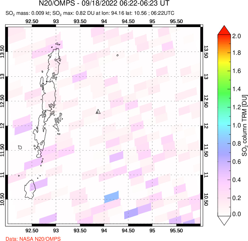 A sulfur dioxide image over Andaman Islands, Indian Ocean on Sep 18, 2022.