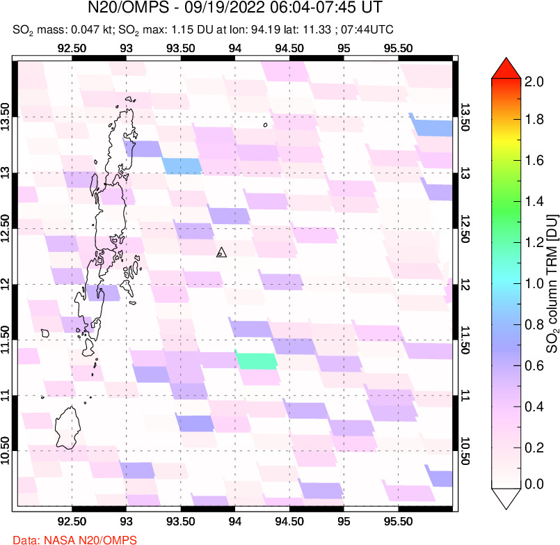 A sulfur dioxide image over Andaman Islands, Indian Ocean on Sep 19, 2022.