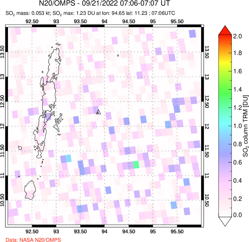 A sulfur dioxide image over Andaman Islands, Indian Ocean on Sep 21, 2022.