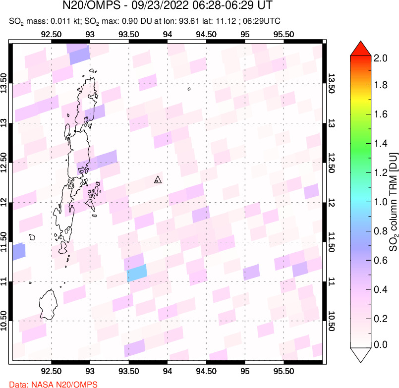 A sulfur dioxide image over Andaman Islands, Indian Ocean on Sep 23, 2022.