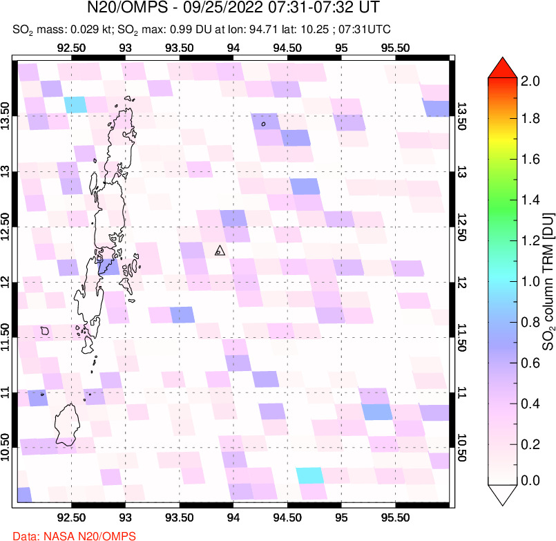 A sulfur dioxide image over Andaman Islands, Indian Ocean on Sep 25, 2022.