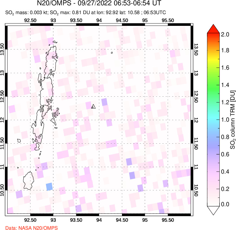 A sulfur dioxide image over Andaman Islands, Indian Ocean on Sep 27, 2022.