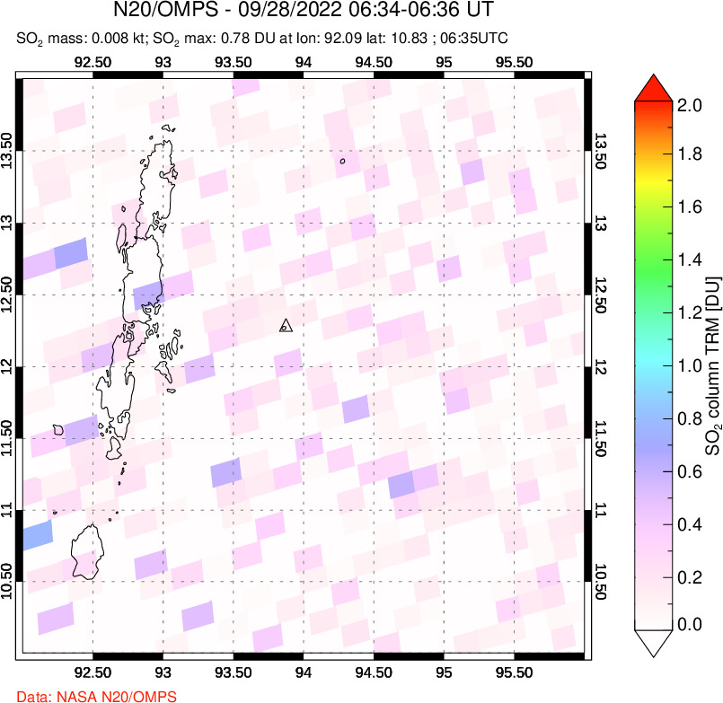 A sulfur dioxide image over Andaman Islands, Indian Ocean on Sep 28, 2022.