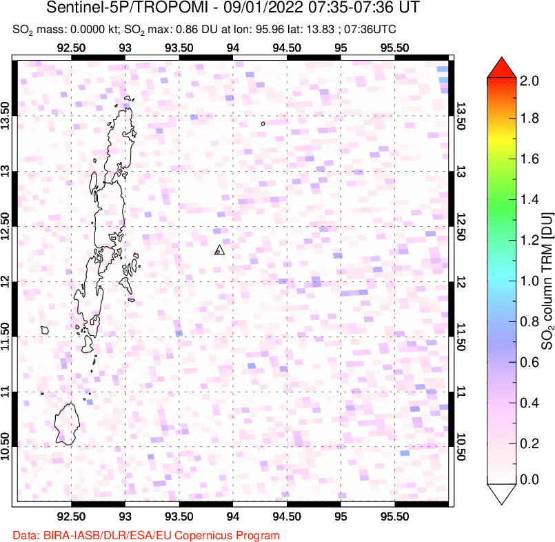 A sulfur dioxide image over Andaman Islands, Indian Ocean on Sep 01, 2022.
