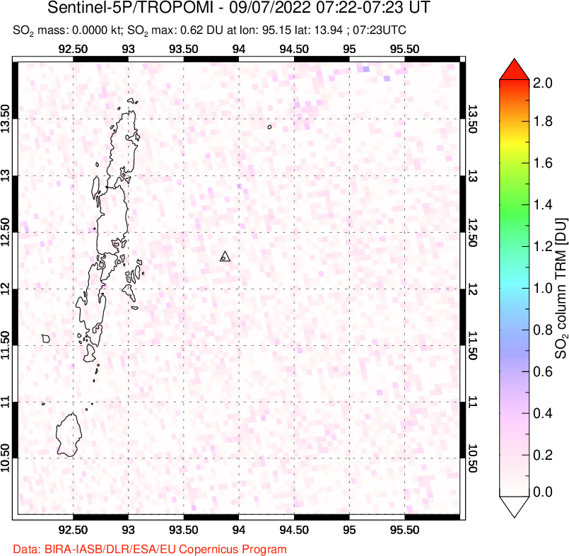 A sulfur dioxide image over Andaman Islands, Indian Ocean on Sep 07, 2022.