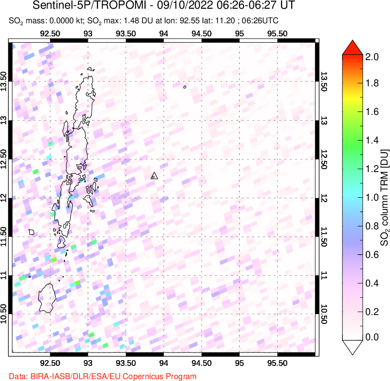 A sulfur dioxide image over Andaman Islands, Indian Ocean on Sep 10, 2022.