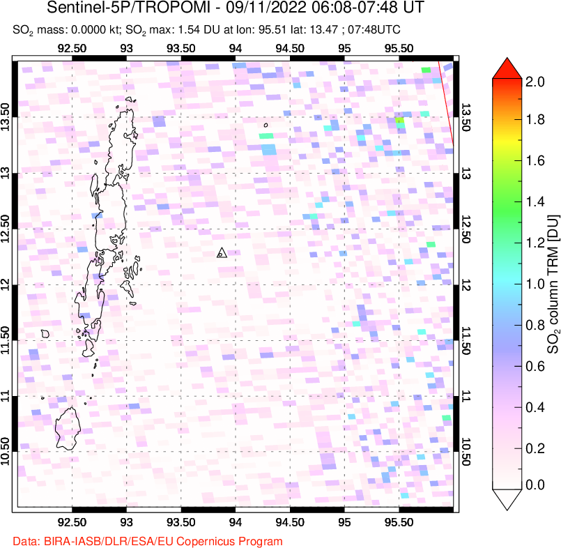 A sulfur dioxide image over Andaman Islands, Indian Ocean on Sep 11, 2022.