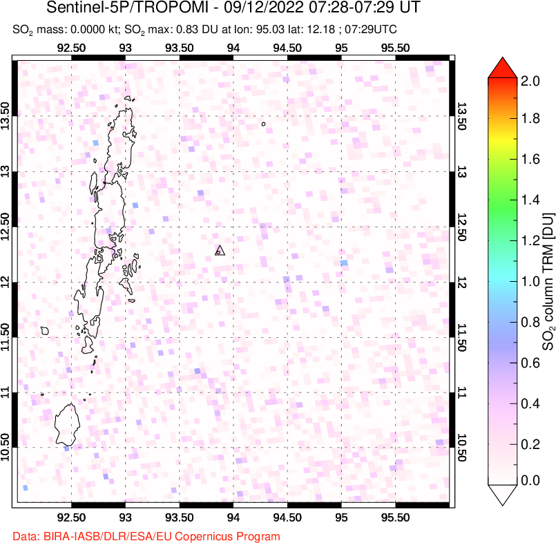 A sulfur dioxide image over Andaman Islands, Indian Ocean on Sep 12, 2022.