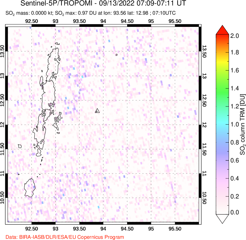 A sulfur dioxide image over Andaman Islands, Indian Ocean on Sep 13, 2022.