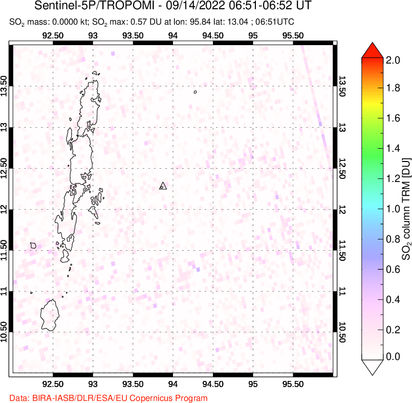 A sulfur dioxide image over Andaman Islands, Indian Ocean on Sep 14, 2022.