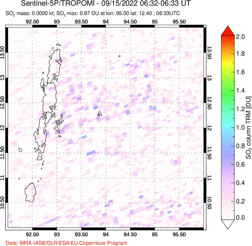 A sulfur dioxide image over Andaman Islands, Indian Ocean on Sep 15, 2022.