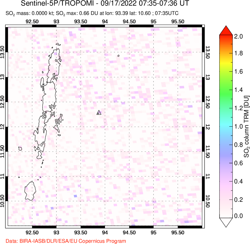 A sulfur dioxide image over Andaman Islands, Indian Ocean on Sep 17, 2022.