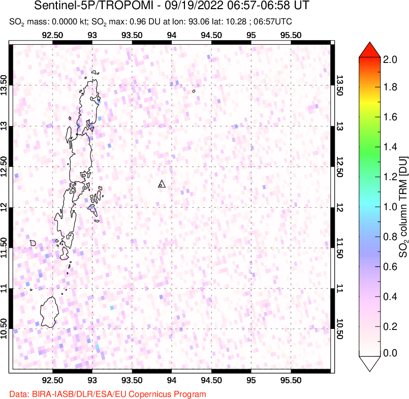 A sulfur dioxide image over Andaman Islands, Indian Ocean on Sep 19, 2022.