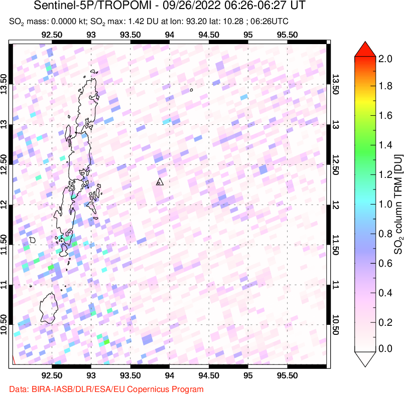 A sulfur dioxide image over Andaman Islands, Indian Ocean on Sep 26, 2022.
