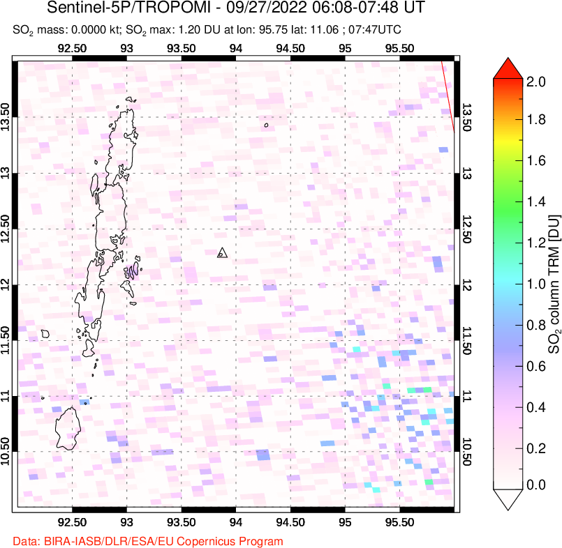 A sulfur dioxide image over Andaman Islands, Indian Ocean on Sep 27, 2022.