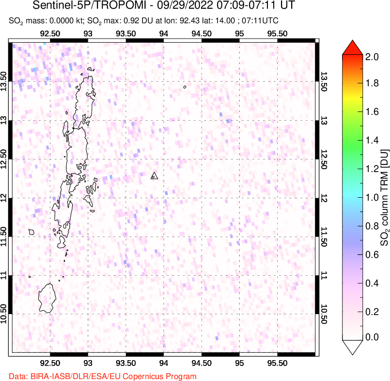 A sulfur dioxide image over Andaman Islands, Indian Ocean on Sep 29, 2022.