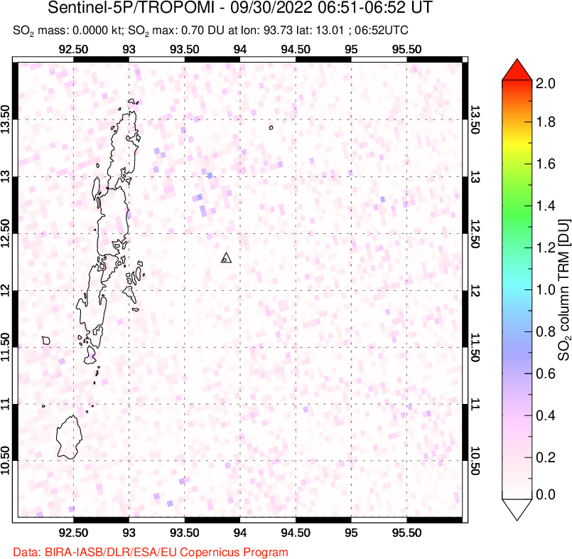 A sulfur dioxide image over Andaman Islands, Indian Ocean on Sep 30, 2022.