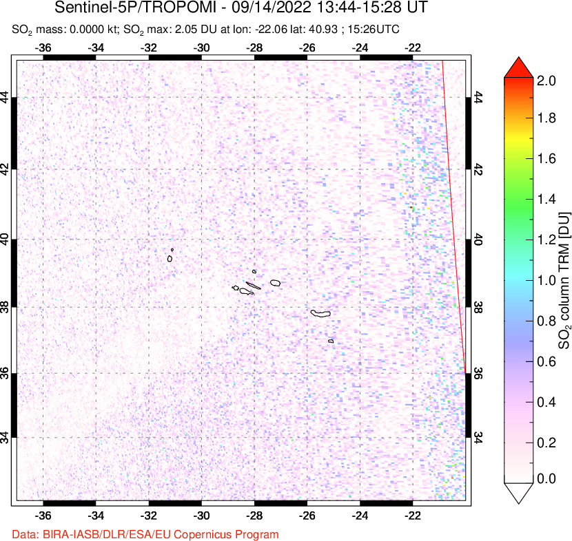 A sulfur dioxide image over Azore Islands, Portugal on Sep 14, 2022.