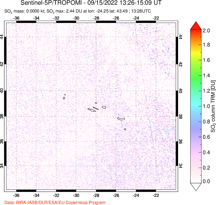 A sulfur dioxide image over Azore Islands, Portugal on Sep 15, 2022.