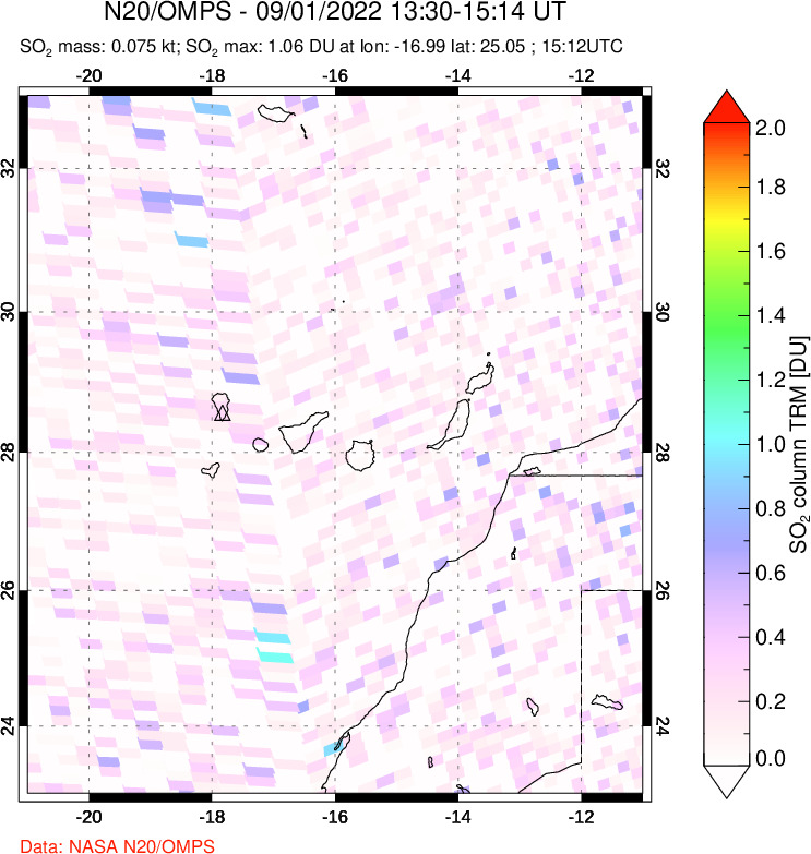 A sulfur dioxide image over Canary Islands on Sep 01, 2022.