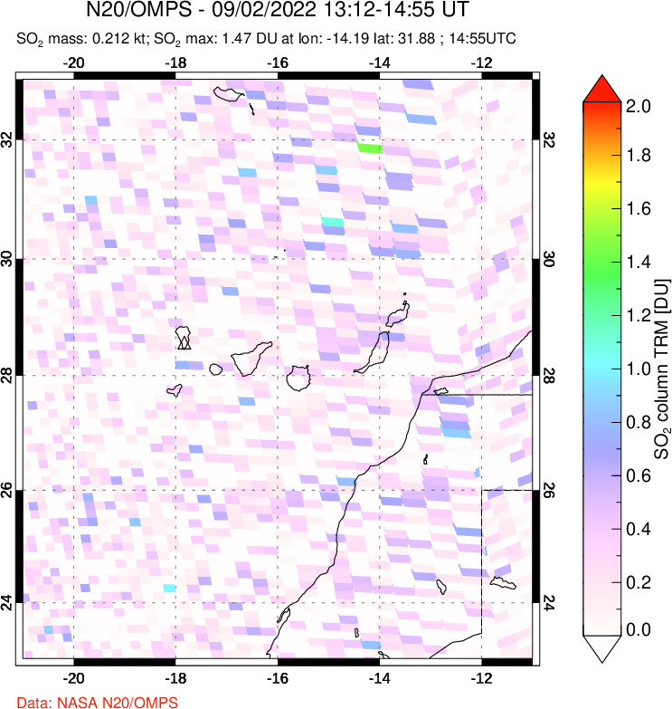 A sulfur dioxide image over Canary Islands on Sep 02, 2022.