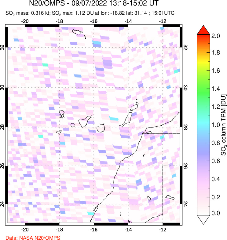 A sulfur dioxide image over Canary Islands on Sep 07, 2022.