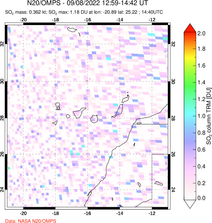 A sulfur dioxide image over Canary Islands on Sep 08, 2022.