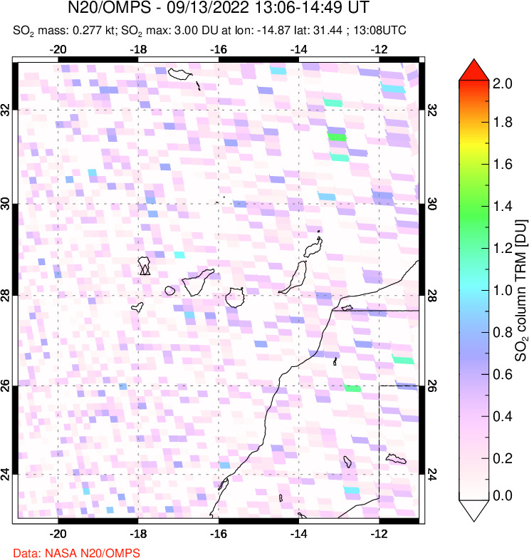 A sulfur dioxide image over Canary Islands on Sep 13, 2022.