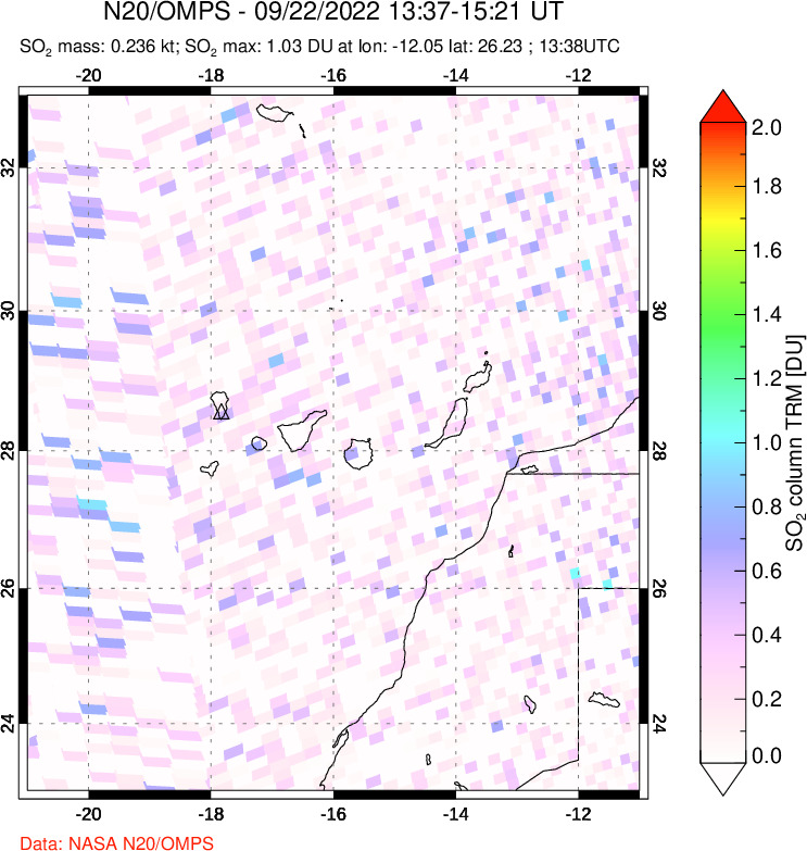 A sulfur dioxide image over Canary Islands on Sep 22, 2022.