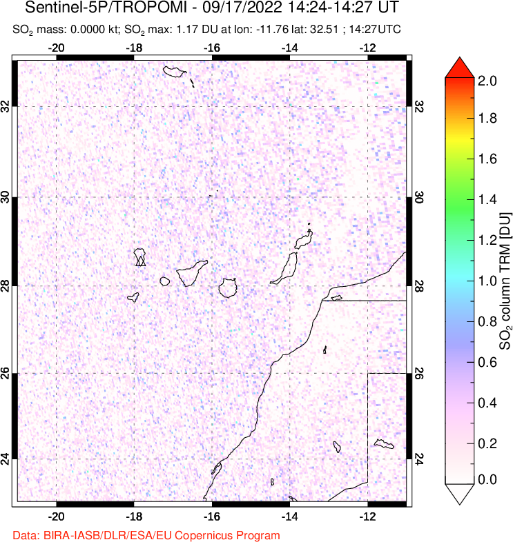 A sulfur dioxide image over Canary Islands on Sep 17, 2022.