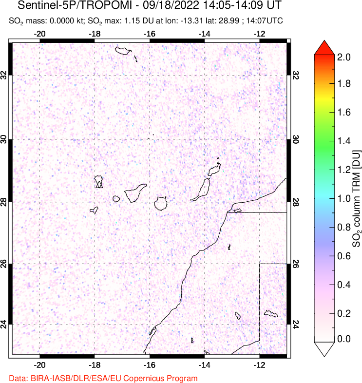 A sulfur dioxide image over Canary Islands on Sep 18, 2022.