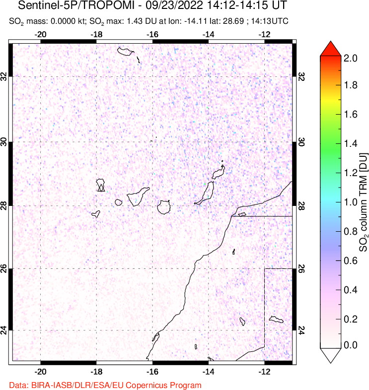 A sulfur dioxide image over Canary Islands on Sep 23, 2022.