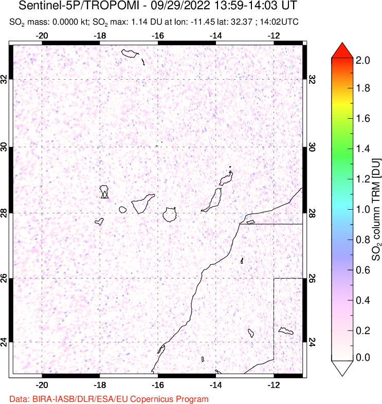 A sulfur dioxide image over Canary Islands on Sep 29, 2022.