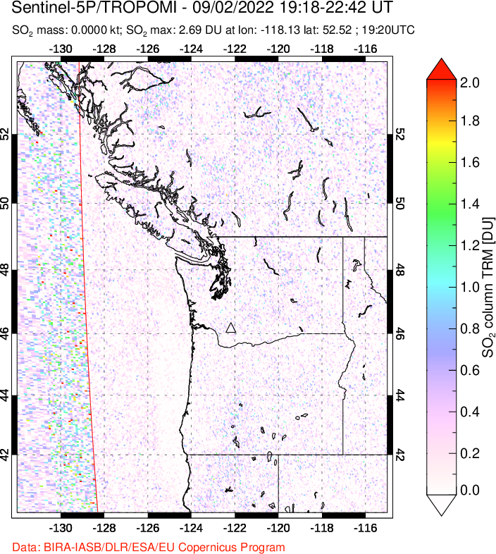 A sulfur dioxide image over Cascade Range, USA on Sep 02, 2022.