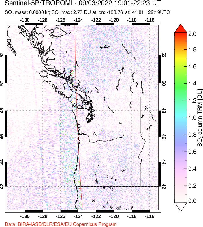 A sulfur dioxide image over Cascade Range, USA on Sep 03, 2022.