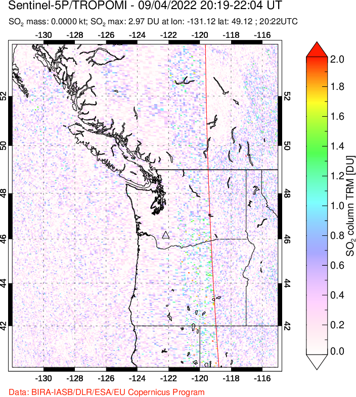 A sulfur dioxide image over Cascade Range, USA on Sep 04, 2022.