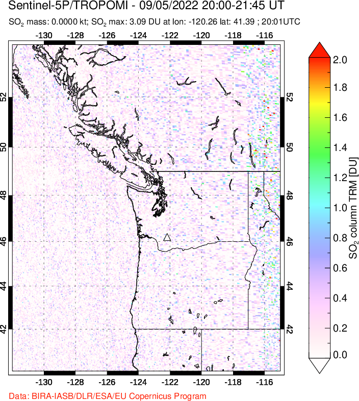 A sulfur dioxide image over Cascade Range, USA on Sep 05, 2022.