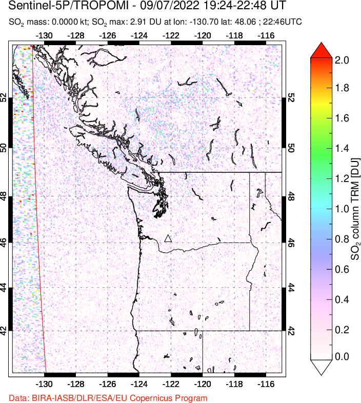 A sulfur dioxide image over Cascade Range, USA on Sep 07, 2022.