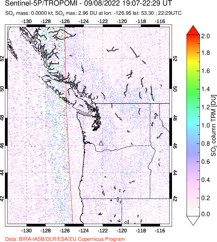 A sulfur dioxide image over Cascade Range, USA on Sep 08, 2022.